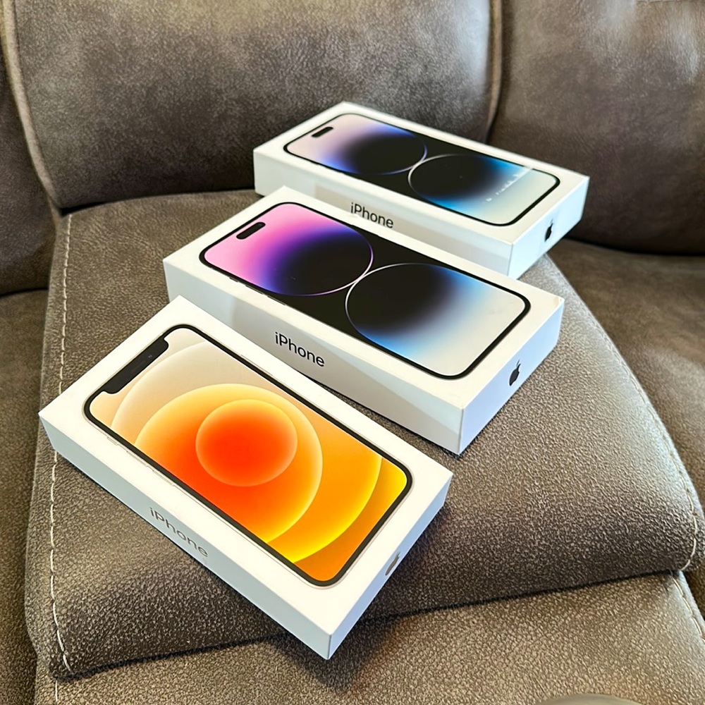 Apple iPhone Boxes - (1 white) 12 mini, 14 ProMax (1 purple & 1 Black)